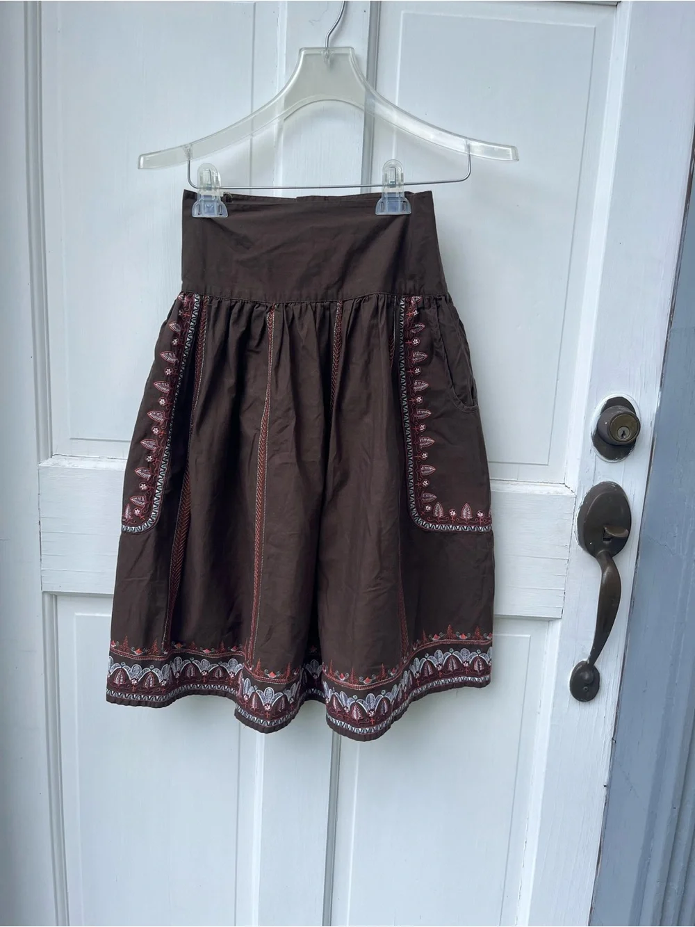 Handmade Embroidered Brown Cotton A-Line Skirt